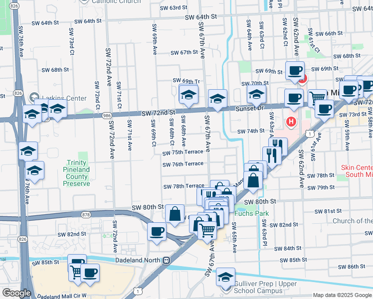 map of restaurants, bars, coffee shops, grocery stores, and more near 6751 Southwest 75th Terrace in South Miami