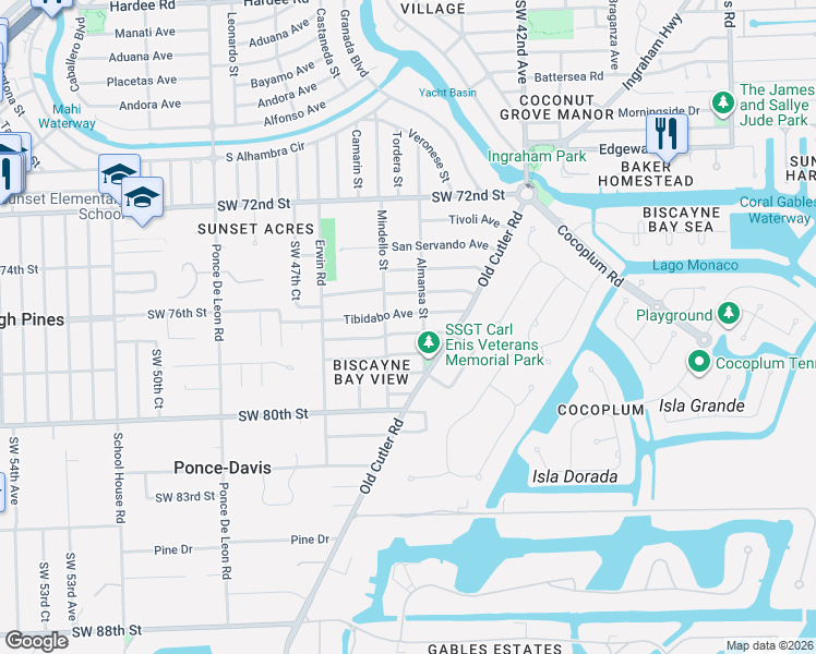 map of restaurants, bars, coffee shops, grocery stores, and more near 7500 Almansa Street in Coral Gables