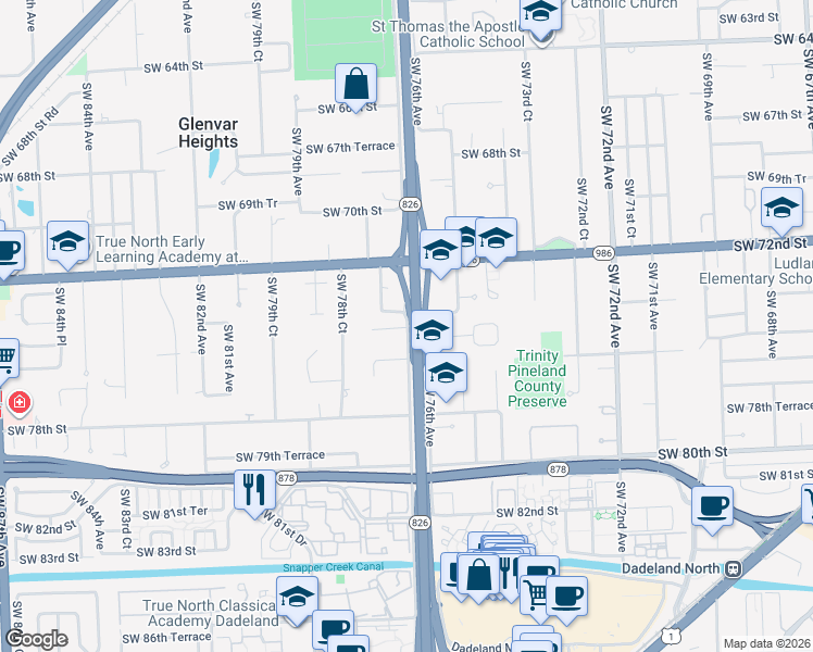 map of restaurants, bars, coffee shops, grocery stores, and more near 7707 Southwest 74th Lane in Miami