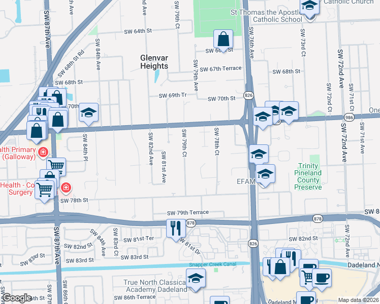 map of restaurants, bars, coffee shops, grocery stores, and more near 7393 Southwest 79th Court in Miami