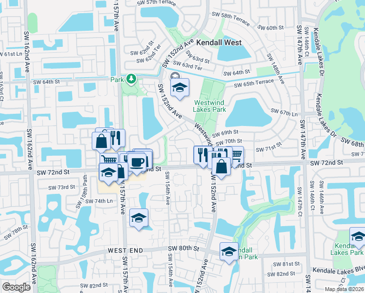 map of restaurants, bars, coffee shops, grocery stores, and more near 15386 Southwest 69th Lane in Miami