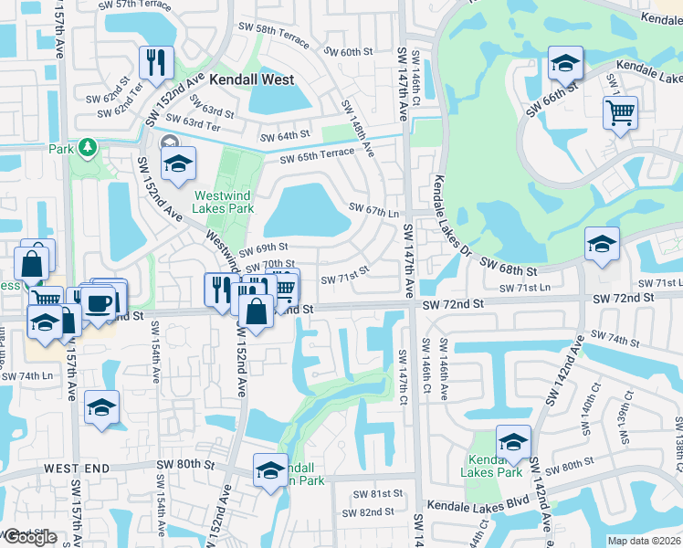 map of restaurants, bars, coffee shops, grocery stores, and more near 14851 Southwest 71st Street in Miami