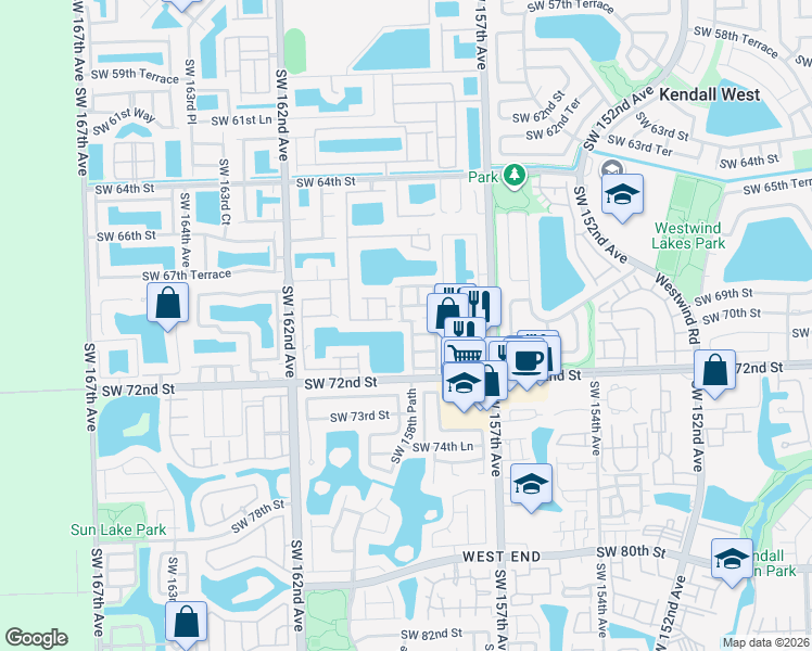 map of restaurants, bars, coffee shops, grocery stores, and more near 15849 Southwest 69th Lane in Miami