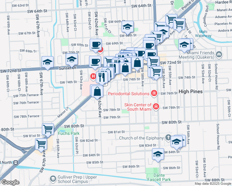 map of restaurants, bars, coffee shops, grocery stores, and more near 5961 Southwest 76th Street in South Miami