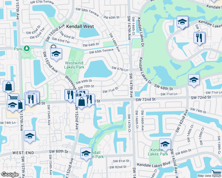 map of restaurants, bars, coffee shops, grocery stores, and more near 14811 Southwest 71st Street in Miami