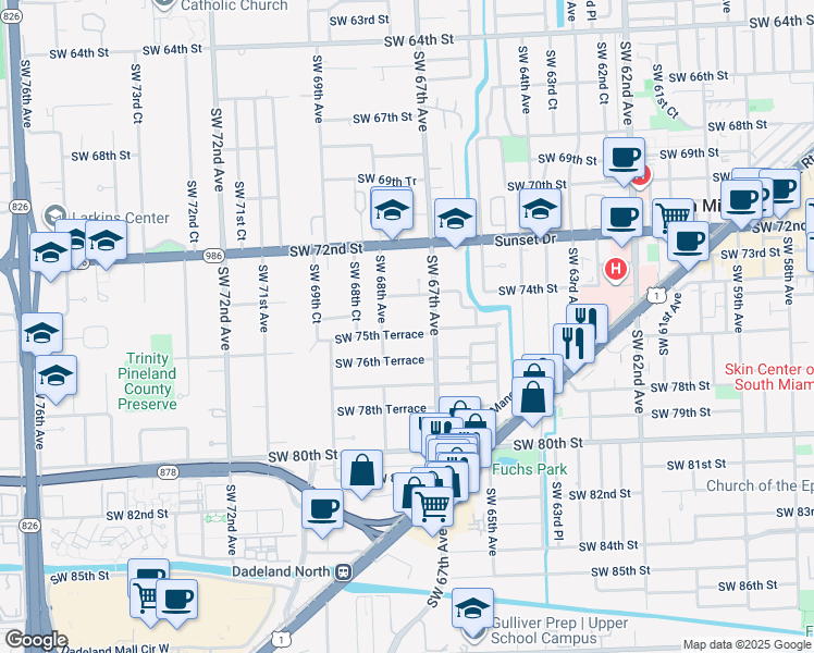 map of restaurants, bars, coffee shops, grocery stores, and more near 6751 Southwest 75th Terrace in South Miami