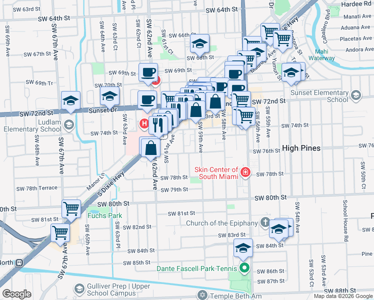 map of restaurants, bars, coffee shops, grocery stores, and more near 5961 Southwest 76th Street in South Miami