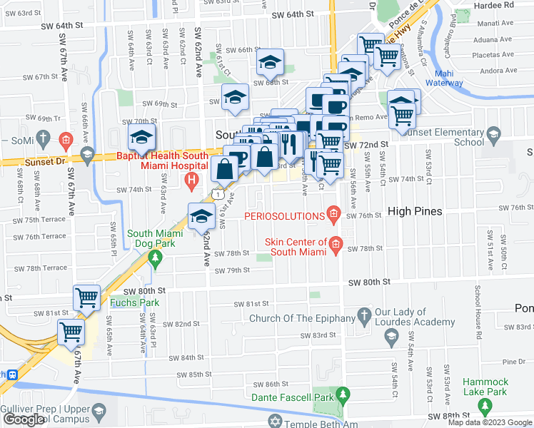 map of restaurants, bars, coffee shops, grocery stores, and more near 5909 Southwest 76th Street in South Miami