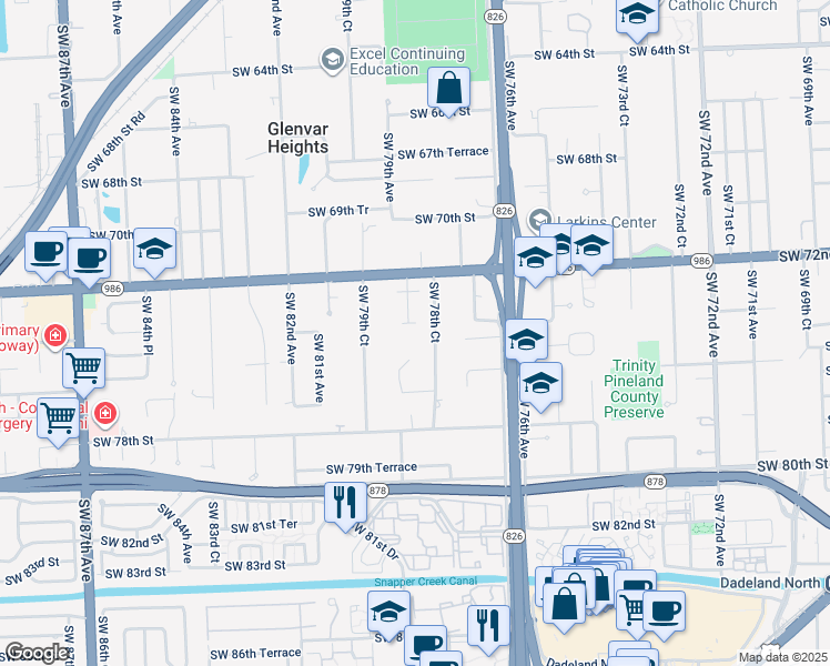 map of restaurants, bars, coffee shops, grocery stores, and more near 7392 Southwest 78th Court in Miami
