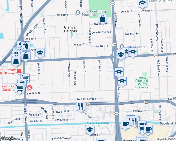 map of restaurants, bars, coffee shops, grocery stores, and more near 7393 Southwest 79th Court in Miami