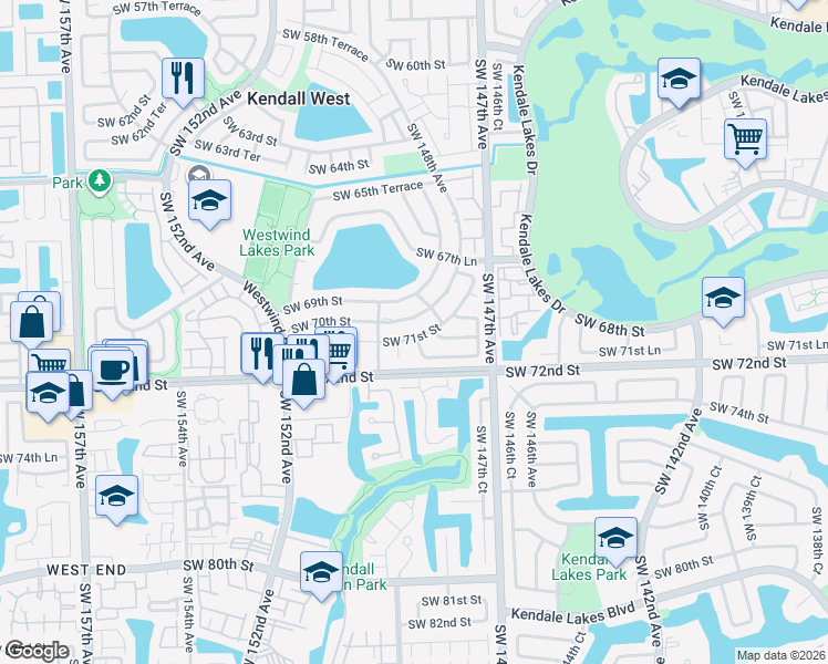 map of restaurants, bars, coffee shops, grocery stores, and more near 14811 Southwest 71st Street in Miami