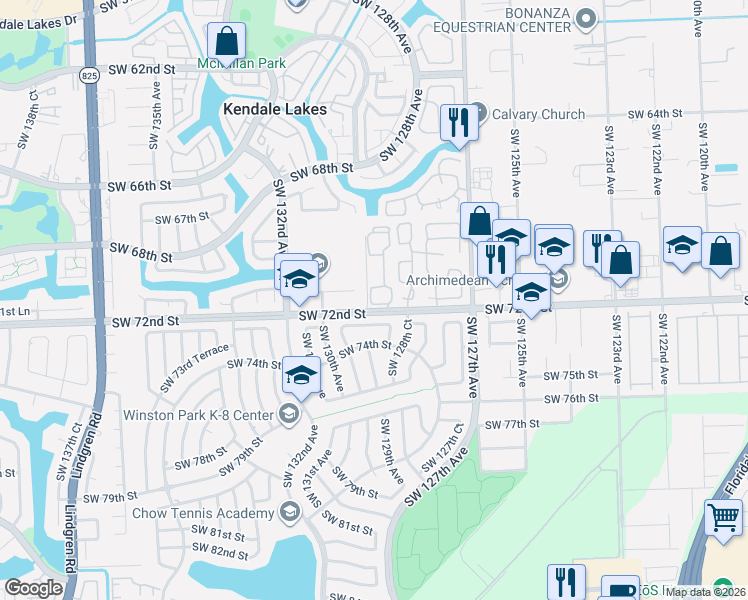 map of restaurants, bars, coffee shops, grocery stores, and more near 7121 Southwest 129th Avenue in Miami
