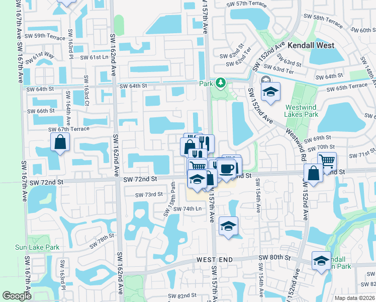 map of restaurants, bars, coffee shops, grocery stores, and more near 15802 Southwest 69th Lane in Miami