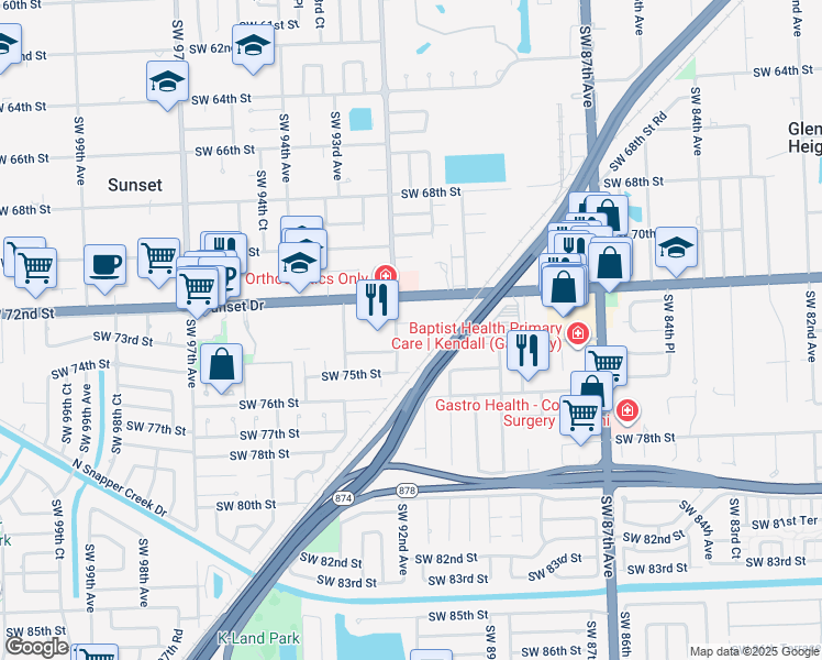 map of restaurants, bars, coffee shops, grocery stores, and more near 9120 Southwest 73rd Street in Miami