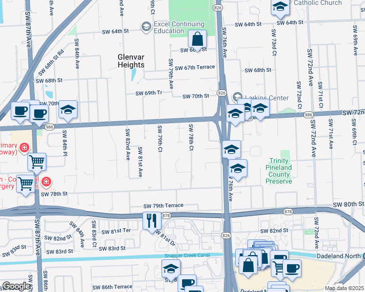 map of restaurants, bars, coffee shops, grocery stores, and more near 7392 Southwest 78th Court in Miami
