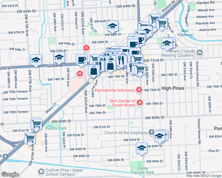 map of restaurants, bars, coffee shops, grocery stores, and more near 5909 Southwest 76th Street in South Miami