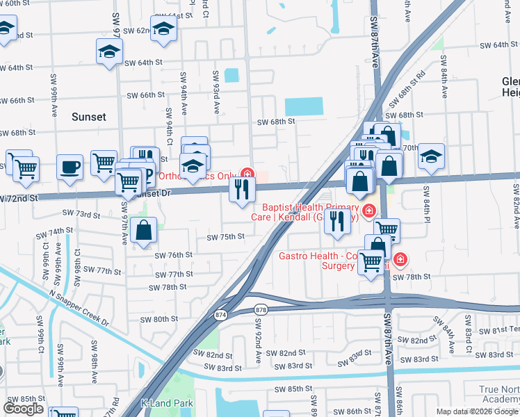 map of restaurants, bars, coffee shops, grocery stores, and more near 9120 Southwest 73rd Street in Miami