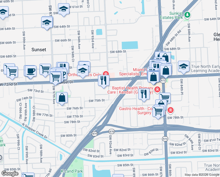 map of restaurants, bars, coffee shops, grocery stores, and more near 9120 Southwest 73rd Street in Miami