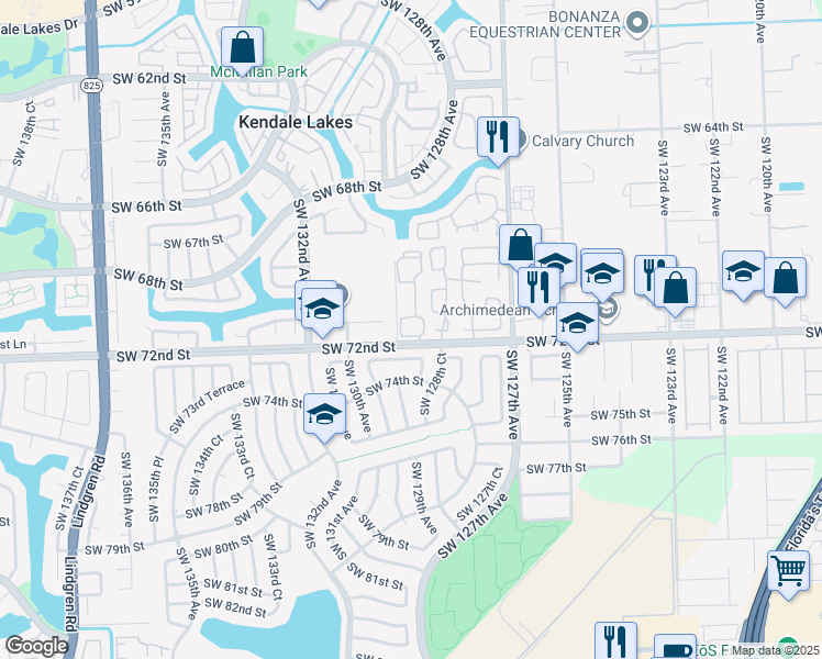 map of restaurants, bars, coffee shops, grocery stores, and more near 7111 Southwest 129th Avenue in Miami
