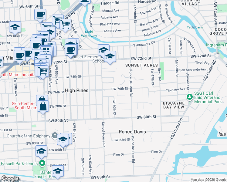 map of restaurants, bars, coffee shops, grocery stores, and more near 5020 Southwest 76th Street in Miami