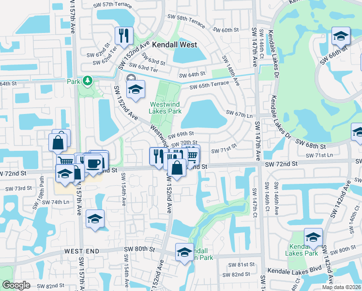 map of restaurants, bars, coffee shops, grocery stores, and more near 15062 SW 70th St in Miami