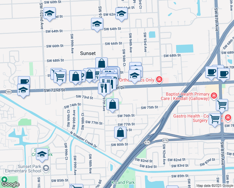 map of restaurants, bars, coffee shops, grocery stores, and more near 9644 Southwest 72nd Street in Miami