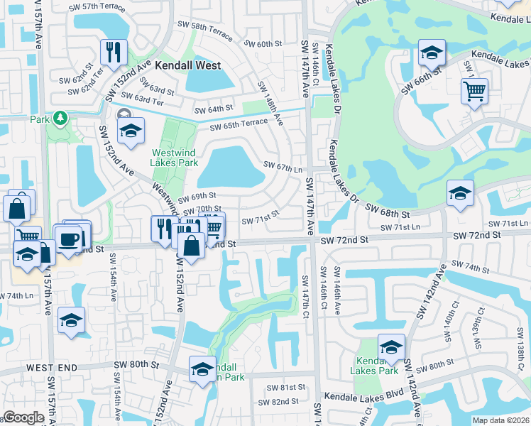 map of restaurants, bars, coffee shops, grocery stores, and more near 14811 Southwest 71st Street in Miami