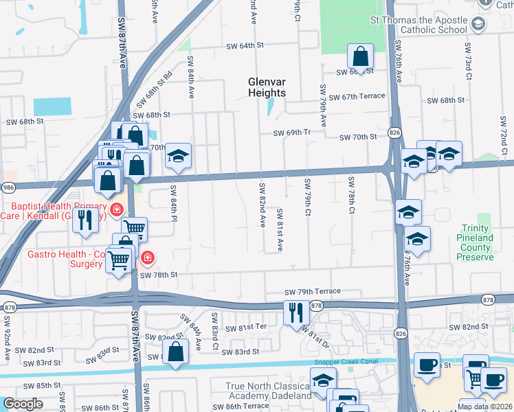map of restaurants, bars, coffee shops, grocery stores, and more near 7400 Southwest 82nd Avenue in Miami
