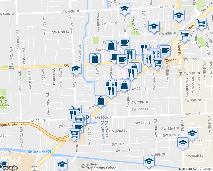 map of restaurants, bars, coffee shops, grocery stores, and more near 7511 Southwest 63rd Court in South Miami
