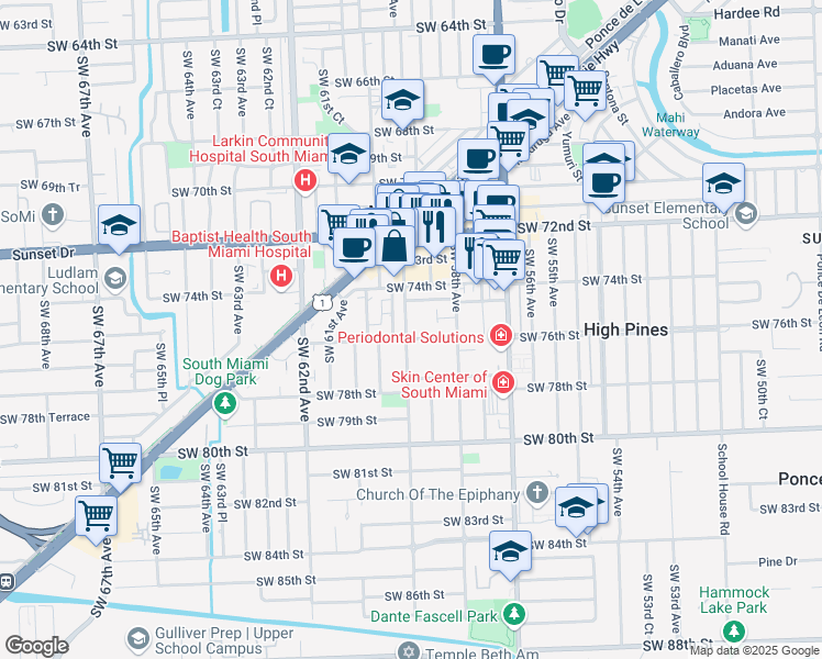 map of restaurants, bars, coffee shops, grocery stores, and more near 7541 Southwest 59th Avenue in South Miami