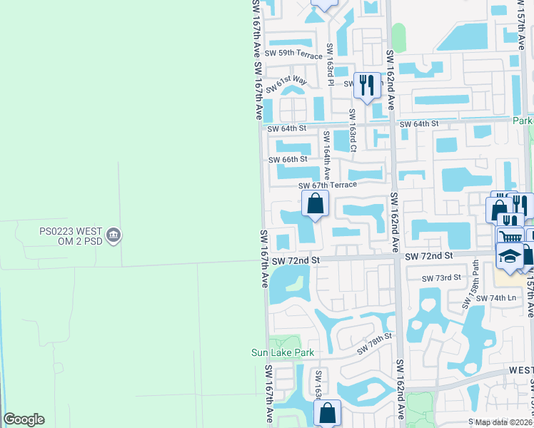 map of restaurants, bars, coffee shops, grocery stores, and more near 6904 Southwest 166th Court in Miami