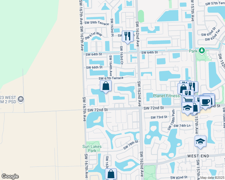 map of restaurants, bars, coffee shops, grocery stores, and more near 6910 Southwest 163rd Place in Miami