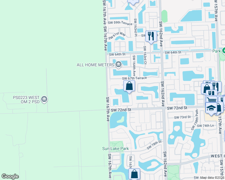 map of restaurants, bars, coffee shops, grocery stores, and more near 6903 Southwest 166th Court in Miami