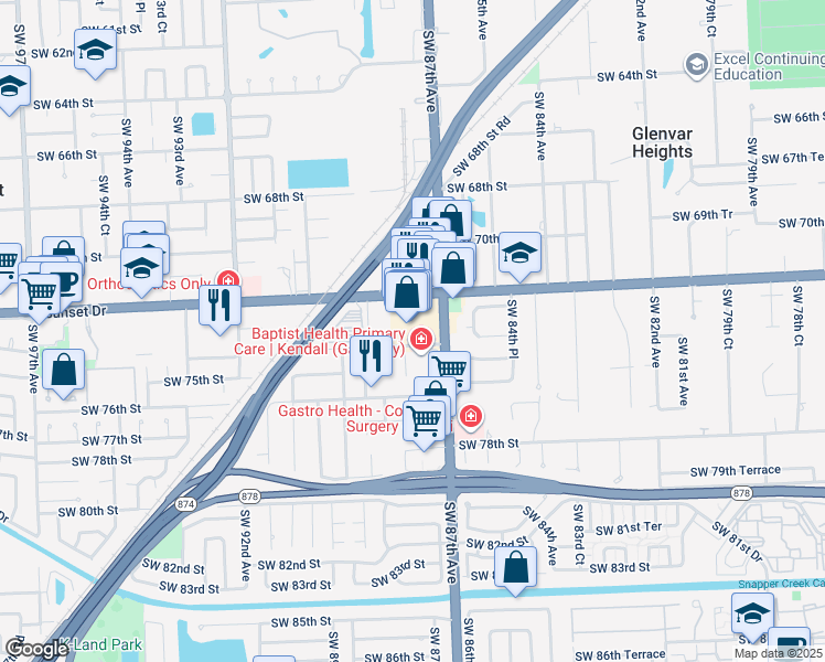 map of restaurants, bars, coffee shops, grocery stores, and more near 8736 Southwest 72nd Street in Miami