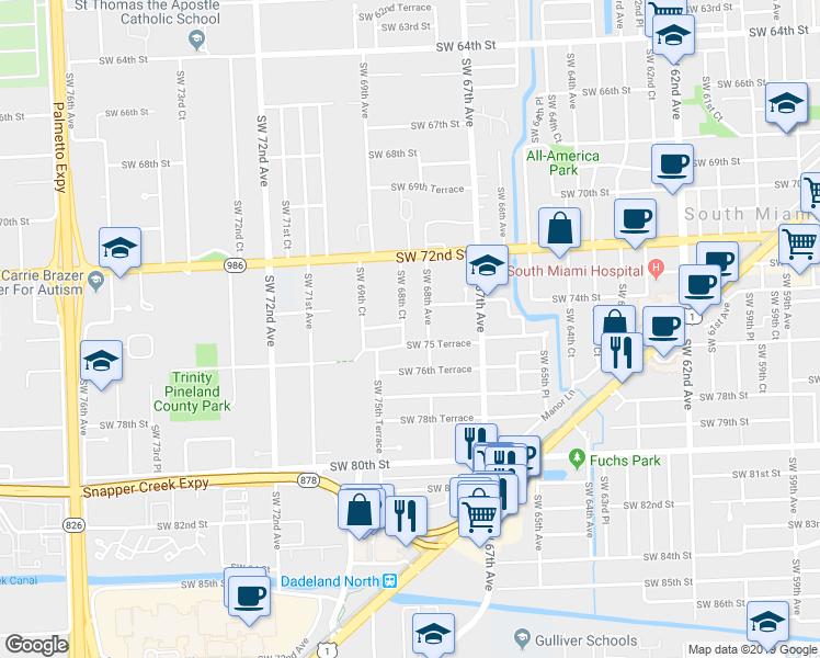 map of restaurants, bars, coffee shops, grocery stores, and more near 7441 Southwest 68th Court in South Miami
