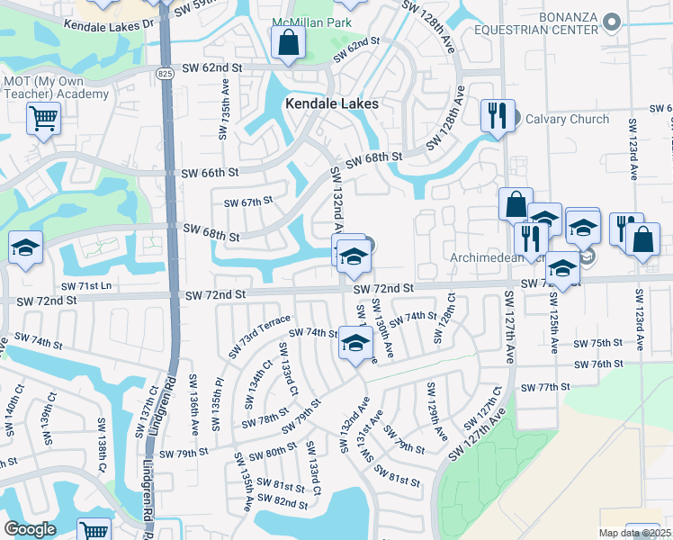 map of restaurants, bars, coffee shops, grocery stores, and more near 7105 Southwest 132nd Court in Miami