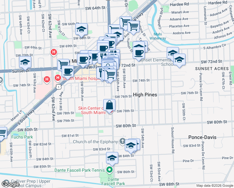 map of restaurants, bars, coffee shops, grocery stores, and more near 7581 Southwest 56th Avenue in Miami