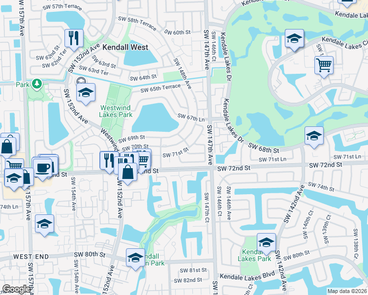 map of restaurants, bars, coffee shops, grocery stores, and more near 14811 Southwest 71st Street in Miami