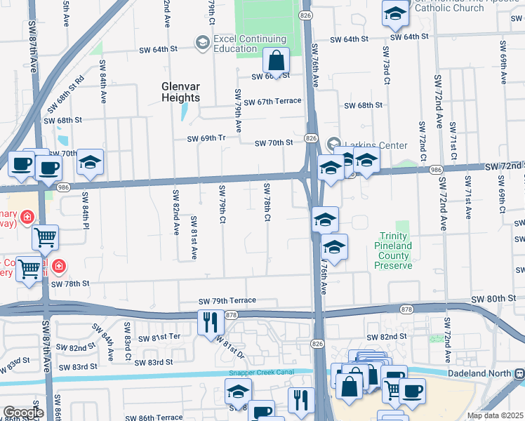 map of restaurants, bars, coffee shops, grocery stores, and more near 7392 Southwest 78th Court in Miami