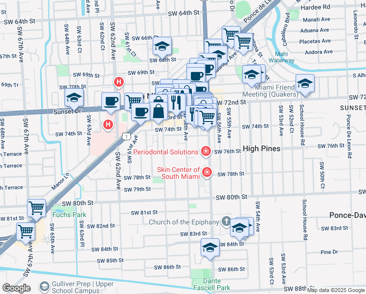map of restaurants, bars, coffee shops, grocery stores, and more near 7532 Southwest 58th Avenue in South Miami