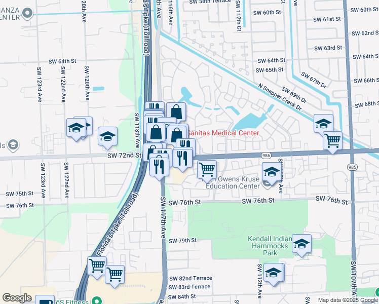 map of restaurants, bars, coffee shops, grocery stores, and more near Southwest 115th Place in Miami