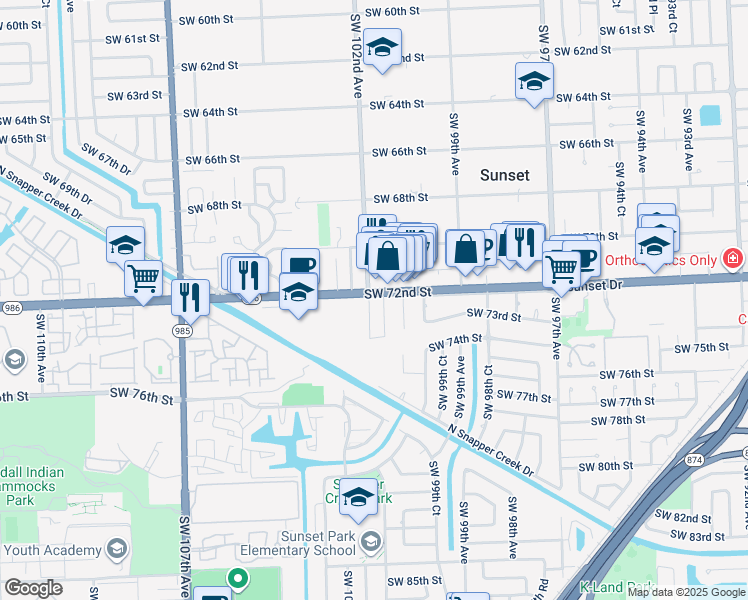 map of restaurants, bars, coffee shops, grocery stores, and more near 7201 Southwest 102nd Avenue in Miami