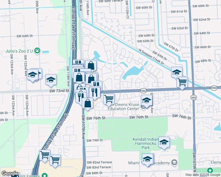 map of restaurants, bars, coffee shops, grocery stores, and more near 11340 Southwest 71st Lane in Miami
