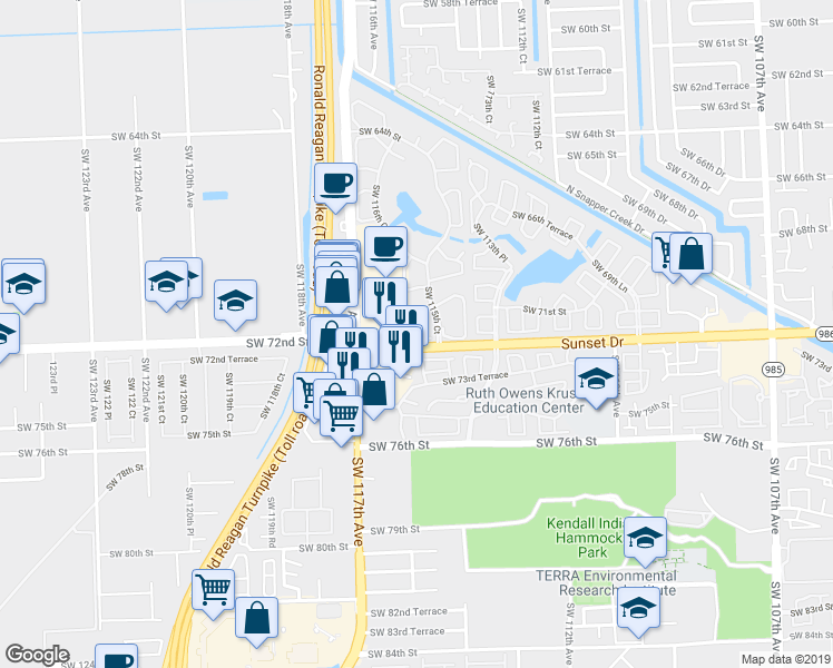 map of restaurants, bars, coffee shops, grocery stores, and more near Southwest 115th Place in Miami