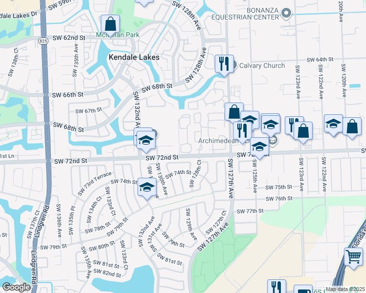 map of restaurants, bars, coffee shops, grocery stores, and more near 7111 Southwest 129th Avenue in Miami