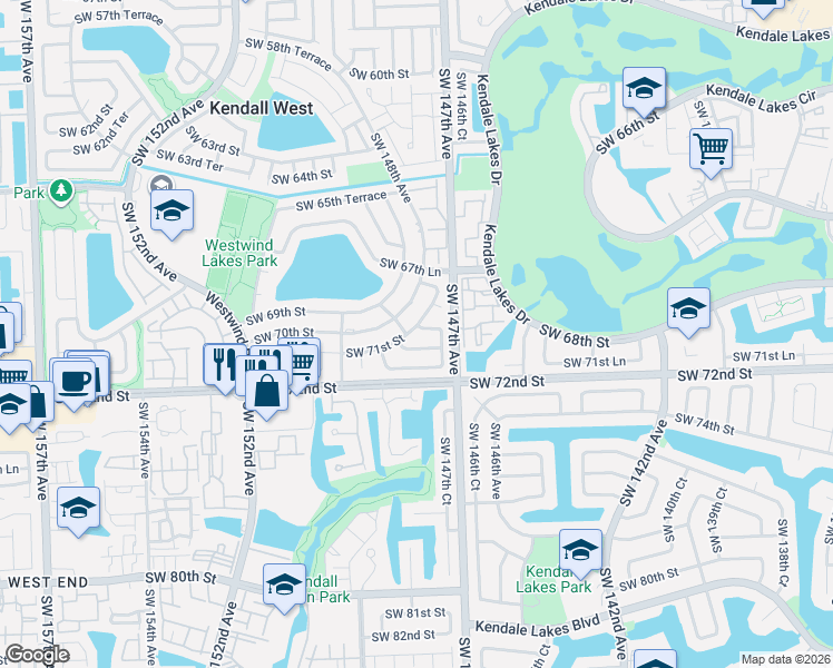 map of restaurants, bars, coffee shops, grocery stores, and more near 14744 Southwest 70th Terrace in Miami