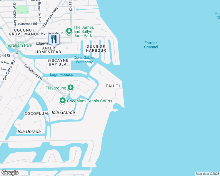 map of restaurants, bars, coffee shops, grocery stores, and more near 27 Tahiti Beach Island Road in Coral Gables