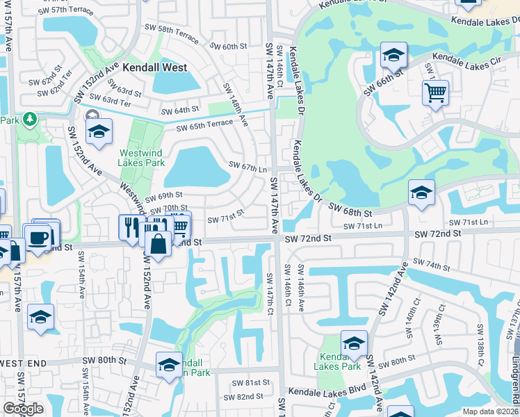 map of restaurants, bars, coffee shops, grocery stores, and more near 14744 Southwest 70th Terrace in Miami