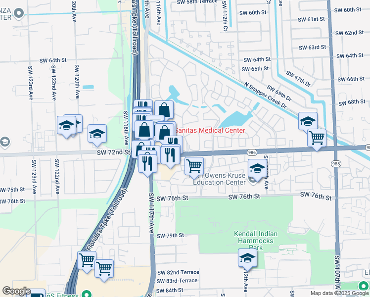 map of restaurants, bars, coffee shops, grocery stores, and more near 7133 Southwest 115th Place in Miami