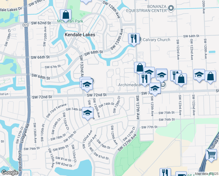 map of restaurants, bars, coffee shops, grocery stores, and more near 7111 Southwest 129th Avenue in Miami